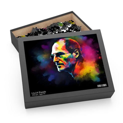 Neon watercolor puzzle featuring visionary Steve Jobs in vibrant colors.