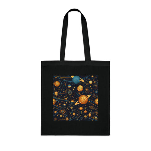 Celestial Dreams Tote Bag, Black cotton tote with celestial pattern.