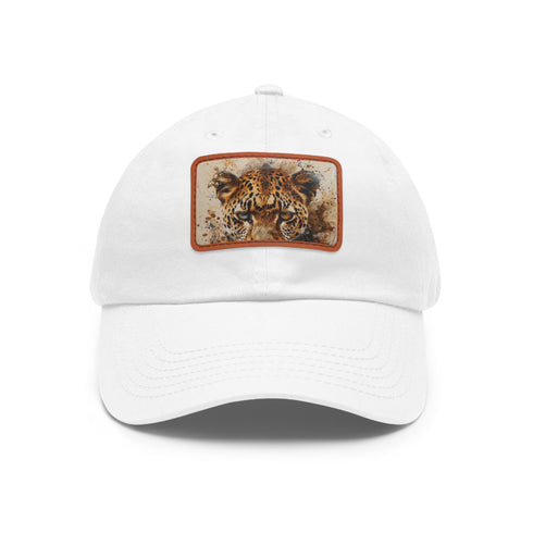 Cheetah print safari snapback cap, white with light brown patch.