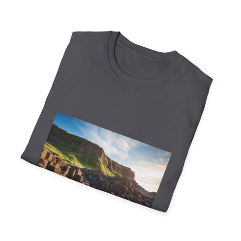 Charcoal cotton t-shirt featuring Giants Causeway inspired natural mosaic print