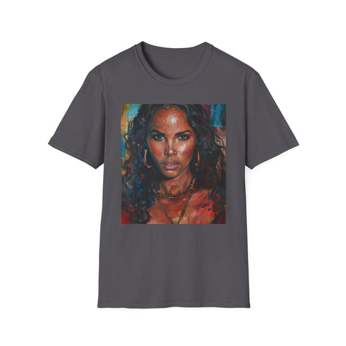 Alicia Keys inspired charcoal T-shirt with vibrant portrait design.
