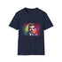 Charcoal cotton T-shirt with vibrant comedy-inspired watercolor and neon design