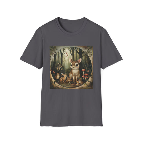Charcoal cotton t-shirt featuring woodland animals in a lively forest scene
