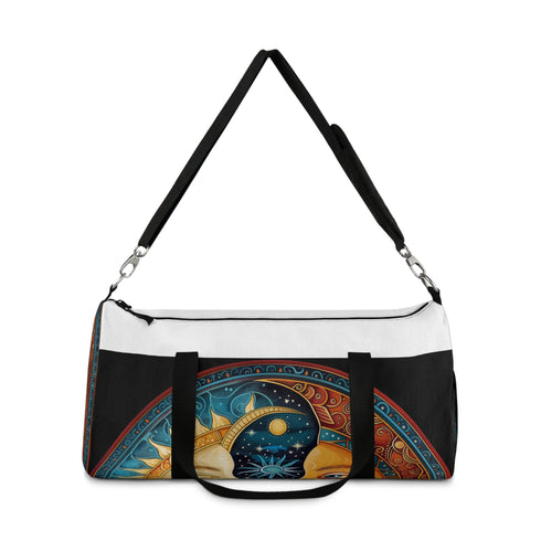 Mandala sun & moon duffel bag, celestial design, perfect for essentials.