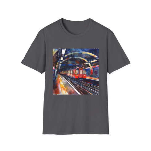 Charcoal cotton T-shirt with vibrant watercolor London underground design