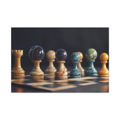 Chessboard with Cosmic Planets As Pieces Stretched Canvas Wall Art