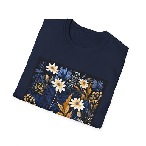 Charcoal floral cotton T-shirt with intricate wildflower pattern and crew neck