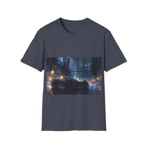 Dark charcoal cotton T-shirt featuring Gotham City Batmobile graphic design