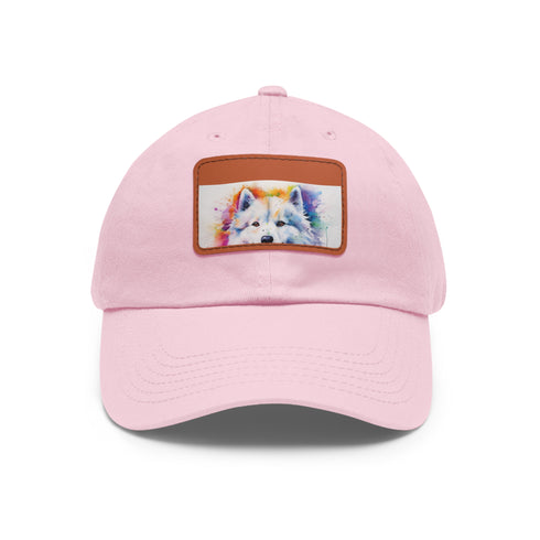 White cotton snapback with fluffy Samoyed dog patch.