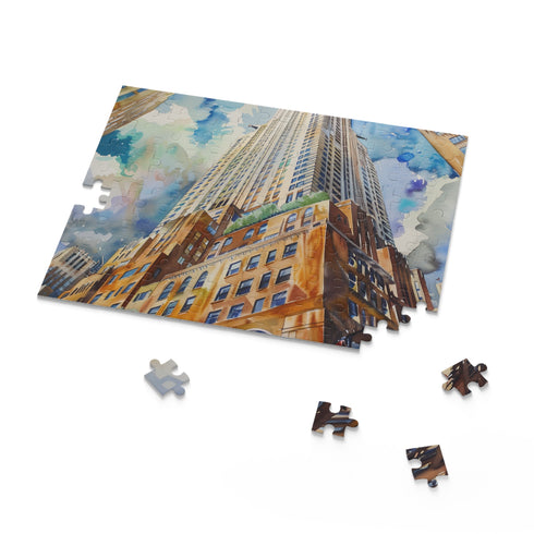 Chrysler Building watercolor puzzle, 10" x 8", 120 pieces, relaxing entertainment.