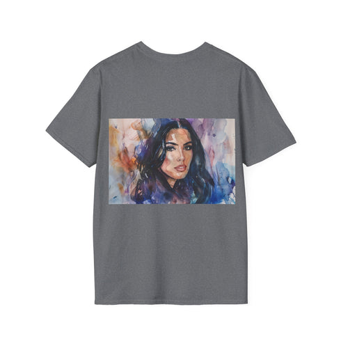 Charcoal cotton crew neck t-shirt featuring vibrant watercolor design