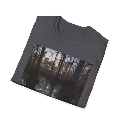 Charcoal cotton T-shirt with mystical cypress swamp twilight design