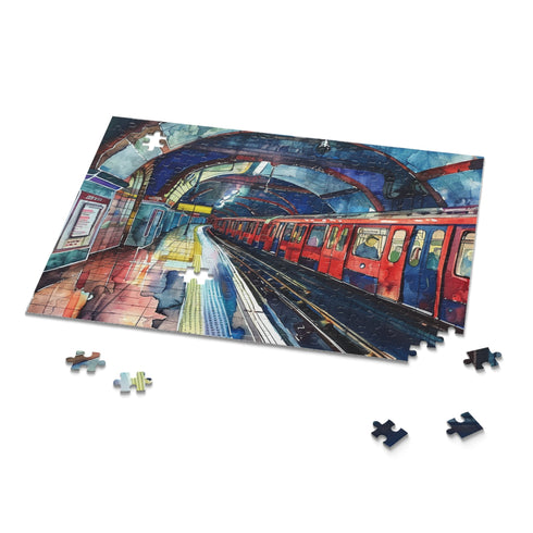 London Underground watercolor puzzle of bustling transportation system.