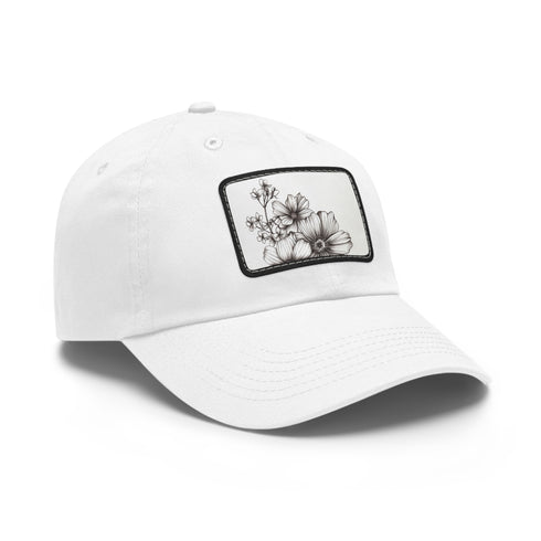 Hand-drawn floral white baseball cap with light brown patch.