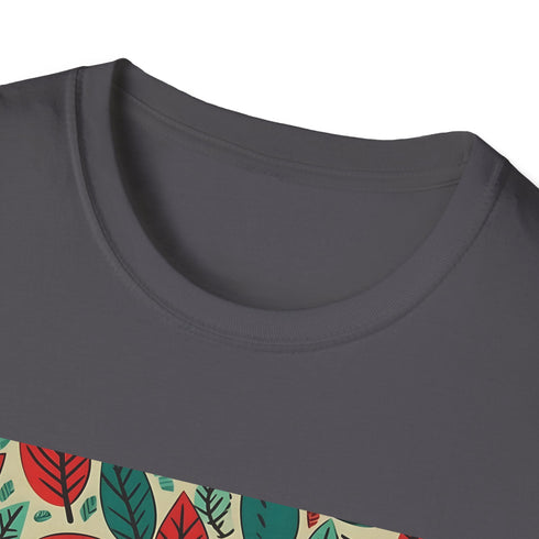 Charcoal cotton T-shirt featuring vibrant autumn leaf patterns and grunge textures