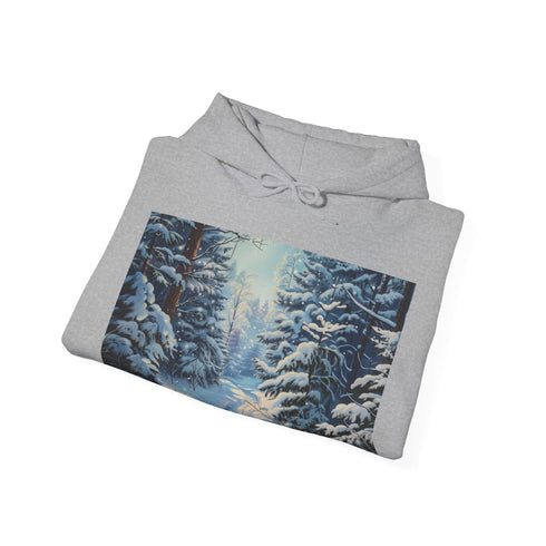 Snowy Splendor Hoodie in Navy for Men and Women, size Small.