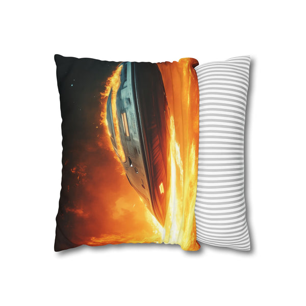 Spaceship Leaving a Burning Planet ā 40Ć40 Cushion Cover ā Sofa & Living Room Lifestyle View