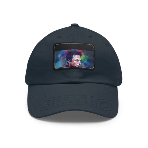 Vibrant watercolor Elon Musk baseball cap in white with light brown patch.