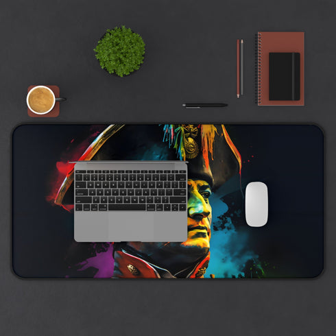 Vibrant watercolor neon desk mat with artistic Napoleon design for workspace.