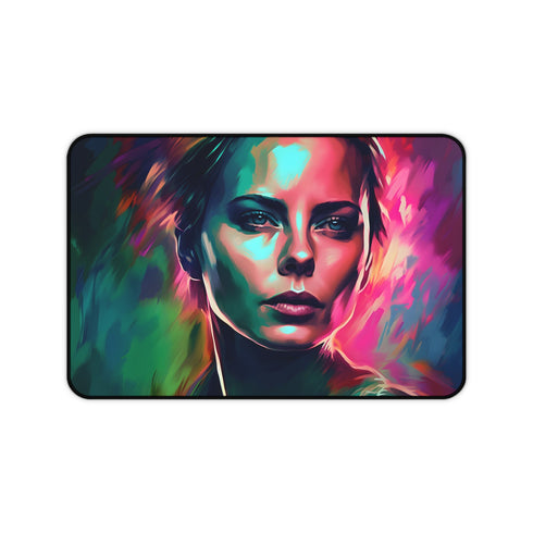 Neon watercolor desk mat with Charlize Theron design for workspaces.