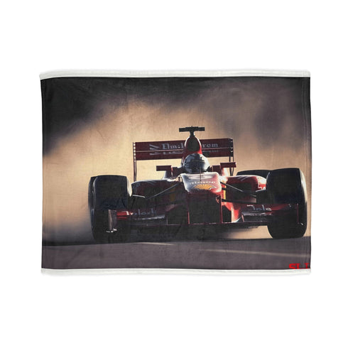 Sleek F1 car patterned sublimation blanket in 30'' x 40''.