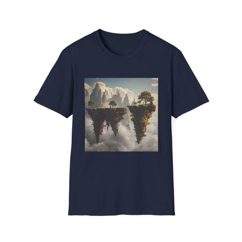 Charcoal crew neck t-shirt with surreal floating islands design for summer