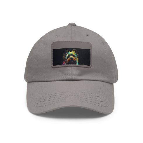 Adorable Yorkshire Terrier embroidered baseball hat in white/light brown patch.