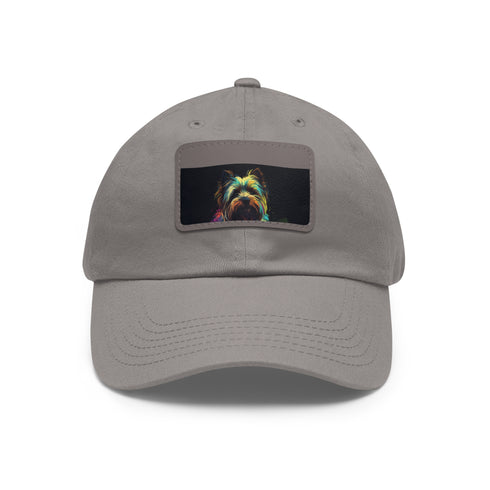 Adorable Yorkie embroidered white baseball cap with light brown patch.
