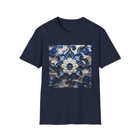 Porcelain blue floral tee with intricate design on soft fabric.