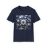 Porcelain blue floral tee with intricate design on soft fabric.
