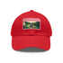Brazilian flag design white cap with light brown patch.