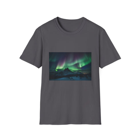 Charcoal cotton T-shirt featuring vibrant aurora borealis graphic for summer wear