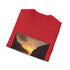 Charcoal cotton crew neck t-shirt with vibrant sunset tropical design