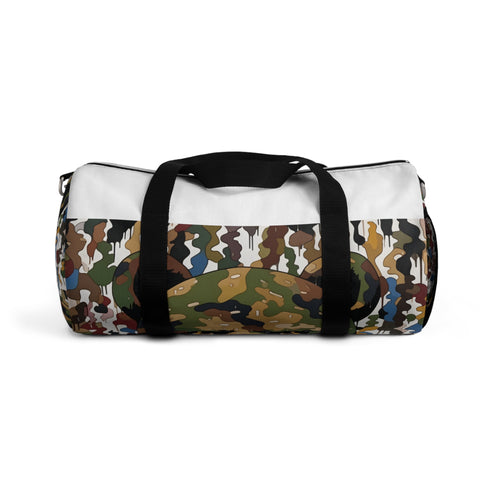 Camouflage Murakami duffel bag with vibrant print, perfect for travel.