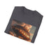 Steampunk airship voyage t-shirt in charcoal, size S.