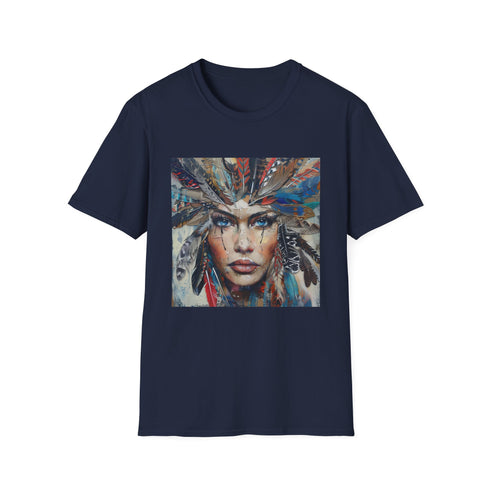 Bohemian charcoal t-shirt with vibrant feather pattern in soft cotton fabric