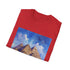 Charcoal crew neck t-shirt with watercolor Egyptian pyramids design