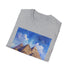 Charcoal cotton t-shirt featuring vibrant watercolor Egyptian pyramids design