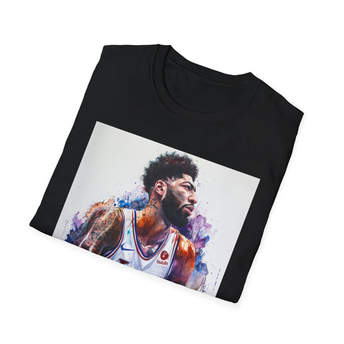Charcoal crew neck t-shirt featuring watercolor Anthony Davis with iconic unibrow