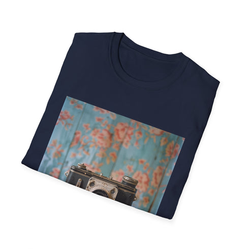 Charcoal crew neck cotton T-shirt with vintage camera and film reel graphic