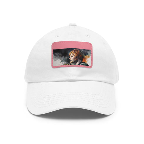 Ed Sheeran watercolor splatter baseball cap in white and light brown.