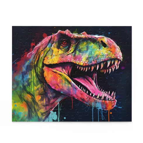Cute neon T-Rex watercolor puzzle for exciting prehistoric fun.