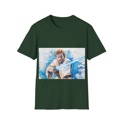 Blue lightsaber Master tee featuring Obi Wan Kenobi on charcoal shirt.