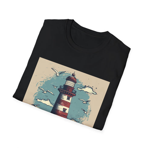 Hand-drawn charcoal lighthouse t-shirt with resilient coastal illustration