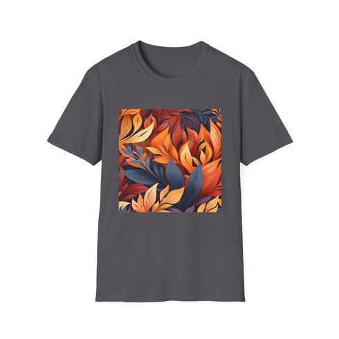 Charcoal cotton crew neck T-shirt textured with vibrant autumn tapestry design
