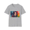 Charcoal cotton crew neck T-shirt featuring vibrant watercolor and neon design
