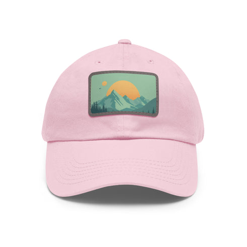 Minimalist mountain landscape baseball cap, white with light brown patch.