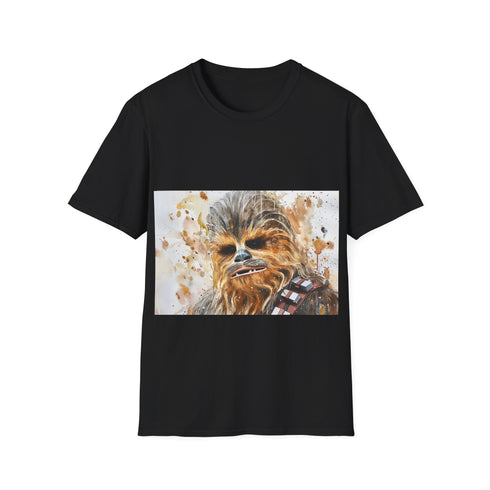 Furry Chewbacca watercolor t-shirt, charcoal cotton, Star Wars fashion.