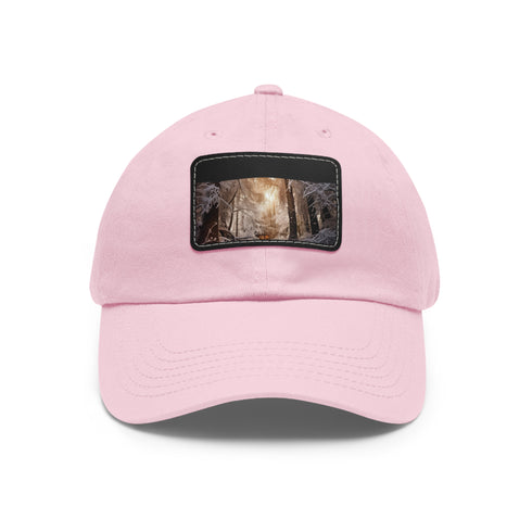 Winter forest-themed white baseball cap with light brown rectangle patch.
