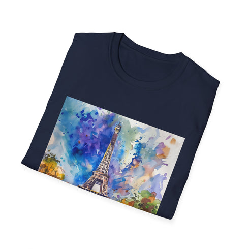 Parisian Skyline Watercolor Eiffel Tower Tshirt, Charcoal, Regular Fit.
